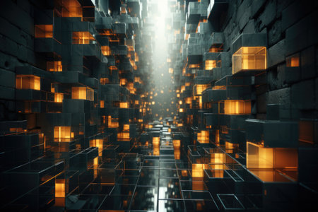A dark tunnel with orange lights and cubes, AIの素材