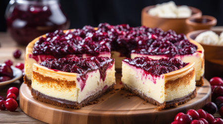 A cheesecake with cranberries and cherries on a wooden table, AIの素材