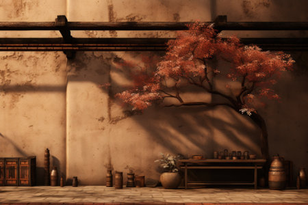 A room with a tree and a table, AIの素材