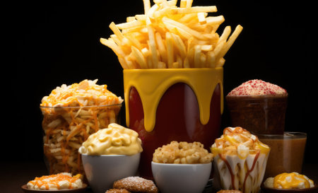 A variety of french fries and desserts in a cup, AIの素材
