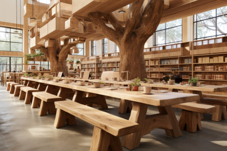 A library with a large tree in the middle, AIの素材