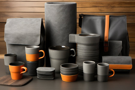 A table with a stylish fashion set bunch of coffee cups, mugs and bags, AIの素材