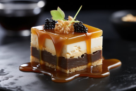 A dessert with caramel sauce and blackberries, AIの素材