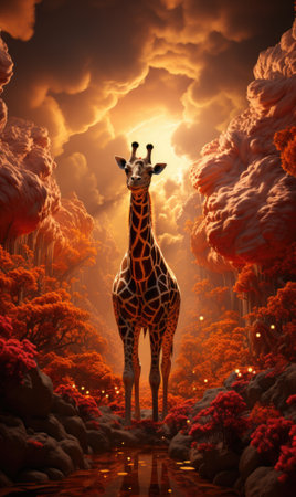 A giraffe standing in front of a red sky, AIの素材