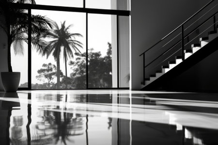 Black and white photo of a staircase and palm tree, AIの素材