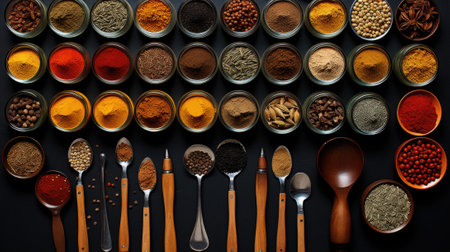 A variety of spices and spices are arranged in bowls, AIの素材