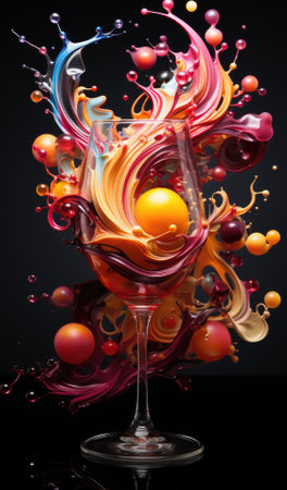 A glass of wine with colorful fruit and bubbles, AIの素材