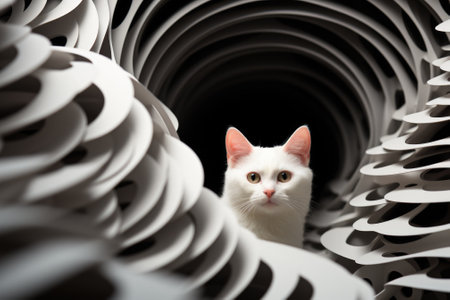 A white cat sitting in a tunnel made out of paper, AIの素材
