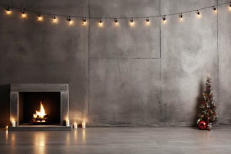 Christmas fireplace in a room with a christmas tree, AIの素材