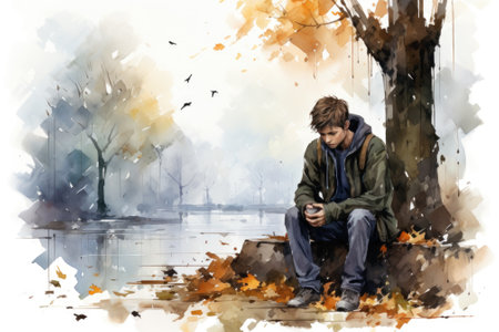 A painting of a man sitting on a bench by a lake, AIの素材