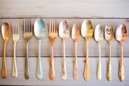 Six different colored spoons and forks sitting on a wooden table, AIの素材