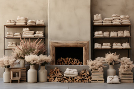 A fireplace with a bunch of flowers and a shelf with vases, AIの素材