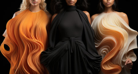Three women in black and orange dresses, AIの素材