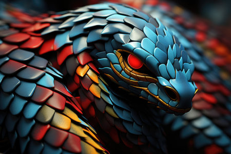 A colorful snake with red eyes and blue scales, AIの素材