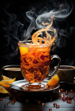 A cup of tea with smoke and oranges, AIの素材