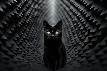 Black cat in a dark tunnel with triangles, AIの素材