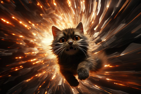A cat is running through a fire ball, AIの素材