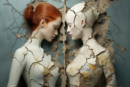 Two women in white and red hair are standing in a cracked wall, AIの素材