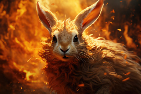 A rabbit is standing in front of a fire, AIの素材