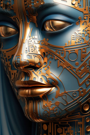 A womans face with a circuit board design, AIの素材