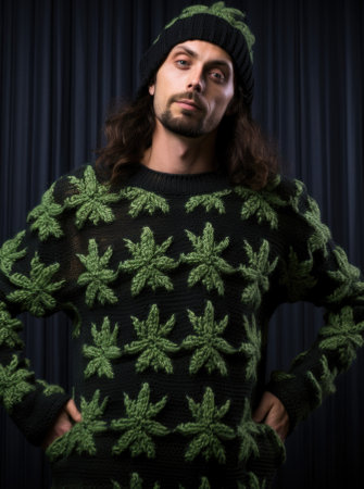 A man with long hair wearing a sweater with marijuana leaves, AIの素材
