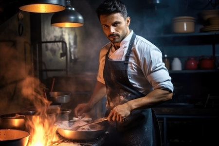 A man in an apron cooking food in a kitchen, AIの素材