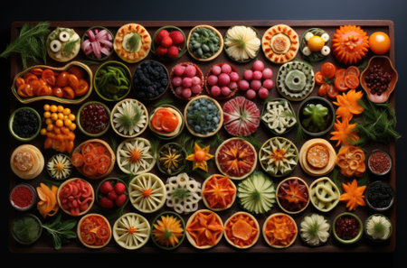 A large plate of fruit and vegetables arranged in a circle, AIの素材