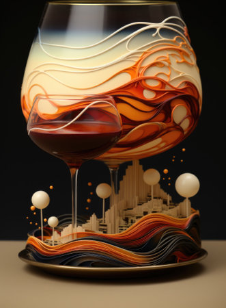 A glass with a wine glass and a city in the background, AIの素材