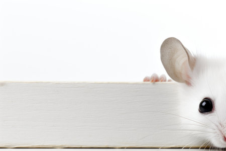 A white mouse peeking out from behind a wooden board, AIの素材