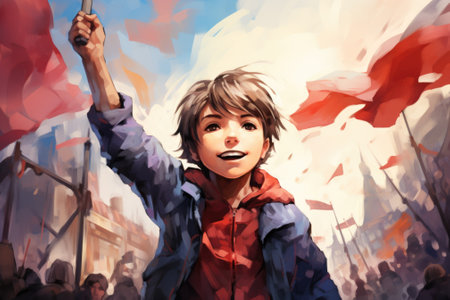 A young boy holding up a red flag in front of a crowd, AIの素材