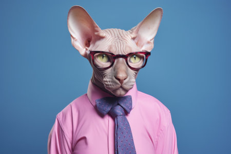 A cat wearing a pink shirt and tie with glasses, AIの素材