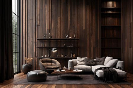 A modern living room with wooden walls and a sofa, AIの素材
