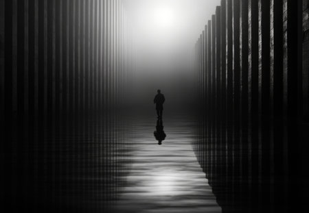 A man is walking through a dark tunnel with water, AIの素材