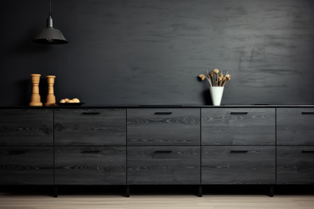 A black sideboard with drawers and a vase, AIの素材