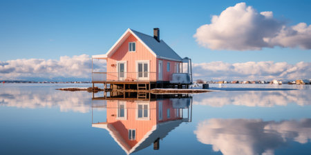 A pink house sits on an island in the middle of a lake, AIの素材