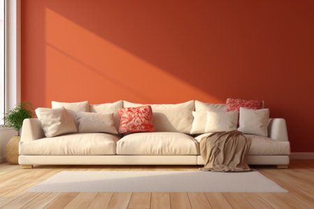 A living room with orange walls and a white couch, AIの素材