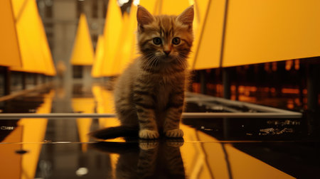 A kitten sitting on a floor with yellow walls, AIの素材