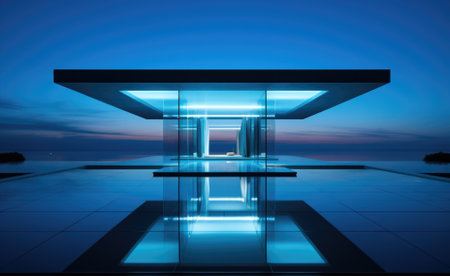 A blue building with a pool in front of it, AIの素材