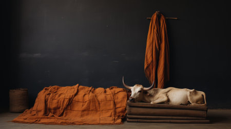 A cow laying on a bed with an orange blanket, AIの素材