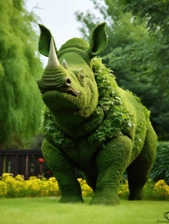 A rhino is made out of plants in the grass, AIの素材