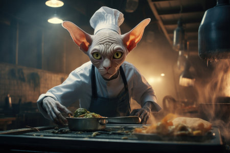 A cat in a chefs hat is cooking food, AIの素材