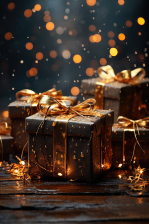 Christmas presents with gold ribbons and lights on a dark background, AIの素材