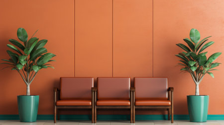 Three chairs and a plant in front of an orange wall, AIの素材