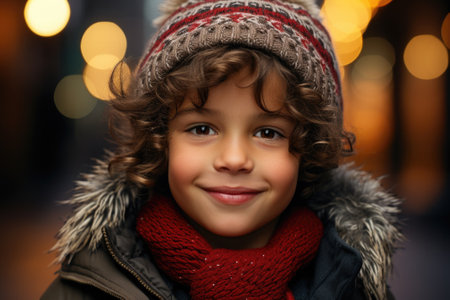 A young boy wearing a winter hat and scarf, AIの素材