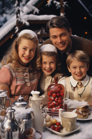 A family posing for a photo in front of a christmas tree, AIの素材