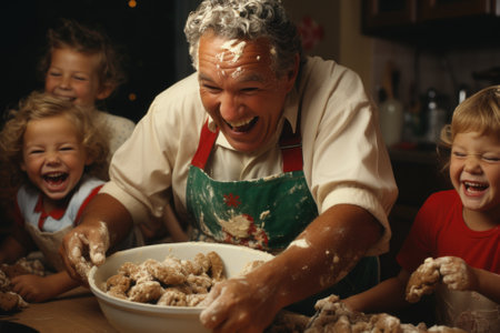 A man and children are making cookies in a kitchen, AIの素材