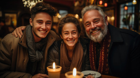Three people smiling at a table with candles, AIの素材
