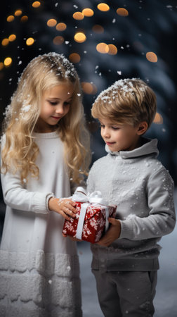Two children holding a christmas gift in front of a christmas tree, AIの素材