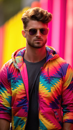 A man wearing sunglasses and a colorful jacket, AIの素材