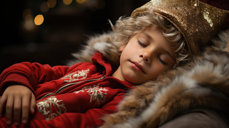 A little boy sleeping in a red outfit, AIの素材